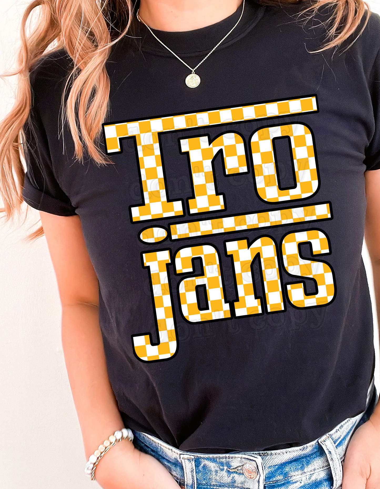 Trojans Racing Checkered Mascot Direct to Film Transfer *Custom Color*