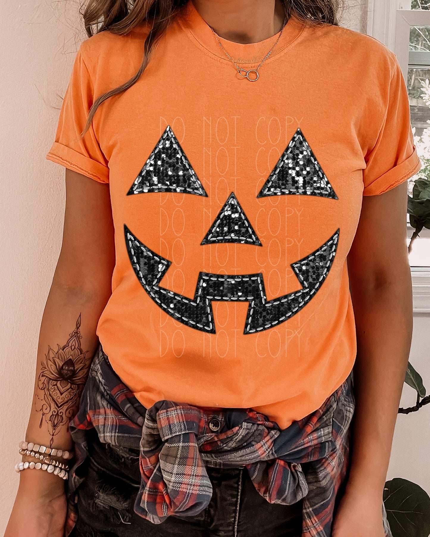 Jack O’ Lantern Smile White Stitching Faux Glitter Direct to Film Transfer