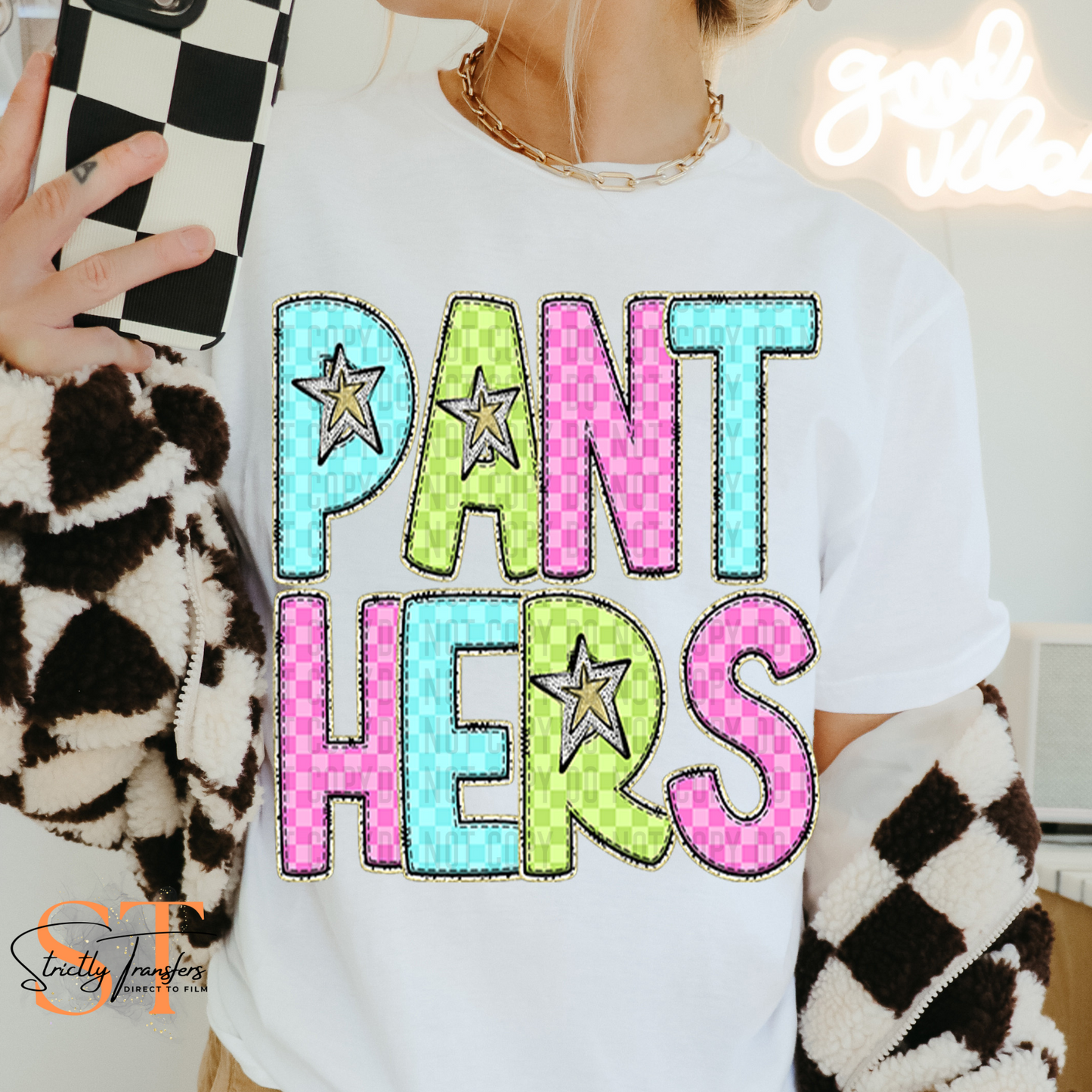 Panthers Bright Checked Direct to Film Transfers