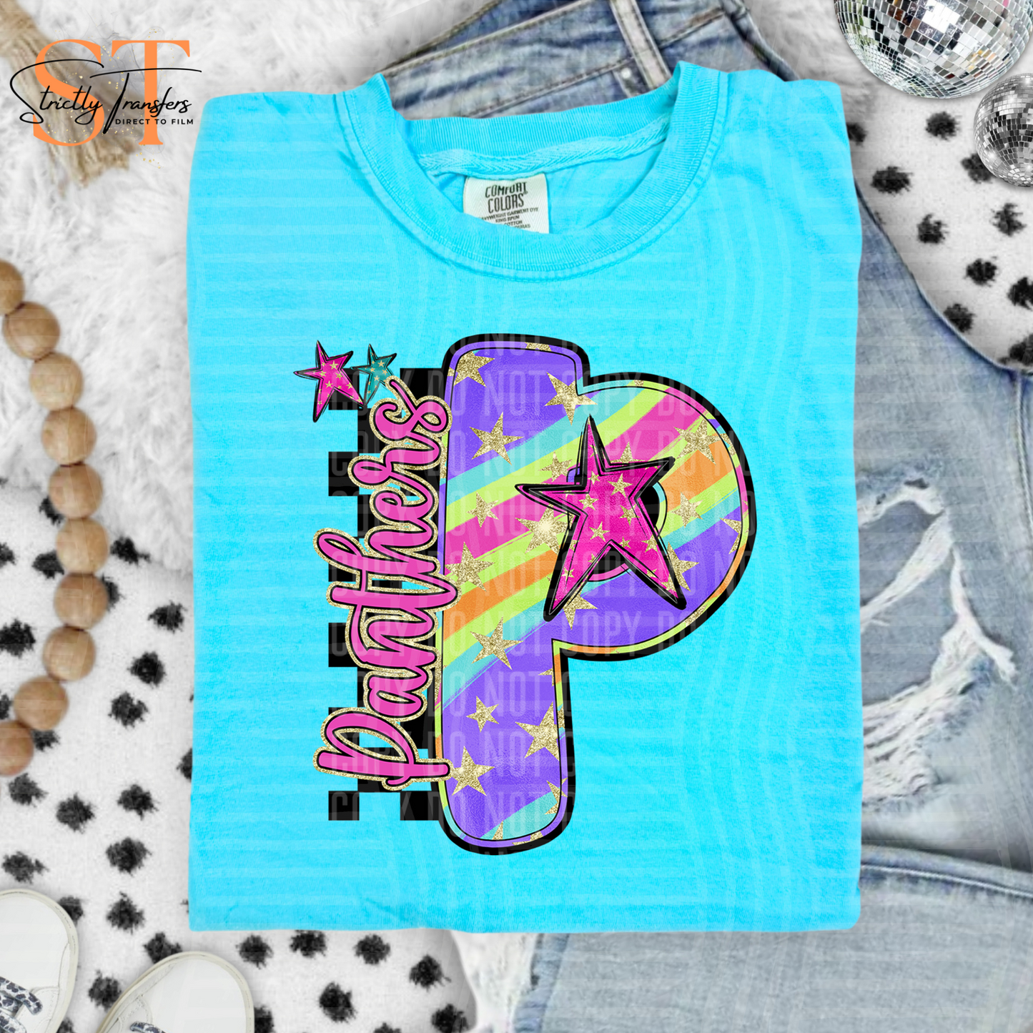 Panthers Rainbow Swirl Initials Direct to Film Transfers