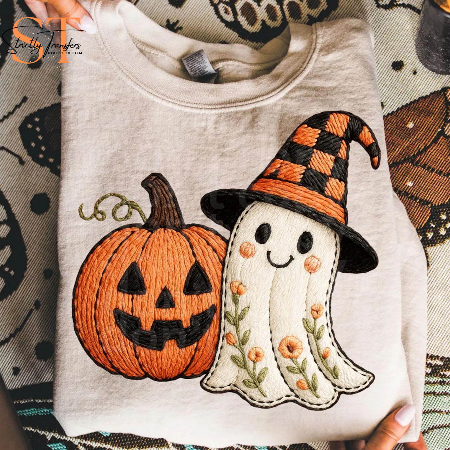Faux Stitched Ghost and Pumpkin Direct to Film Transfers