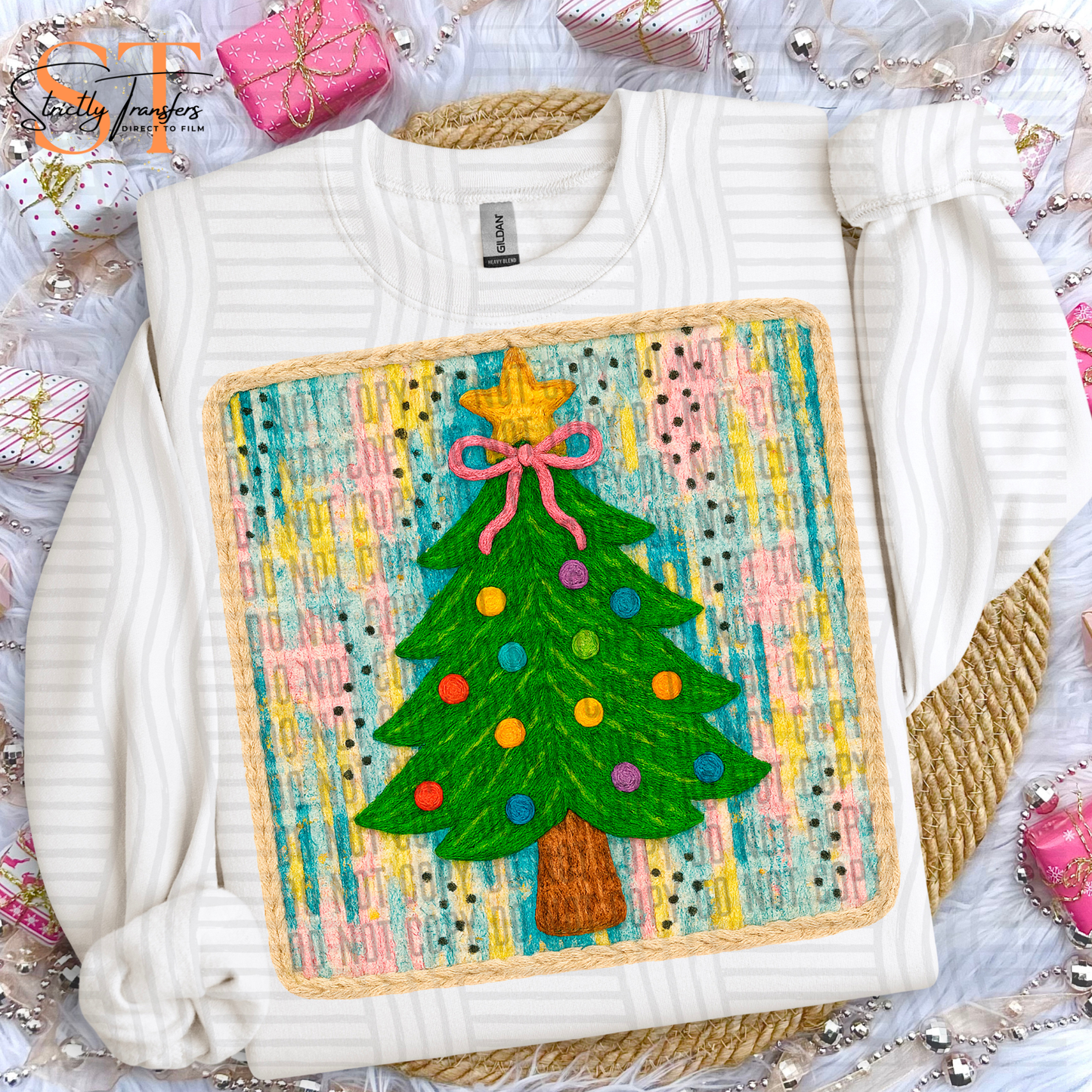 Christmas Tree with Painted Background Faux Yarn Direct to Film Transfers