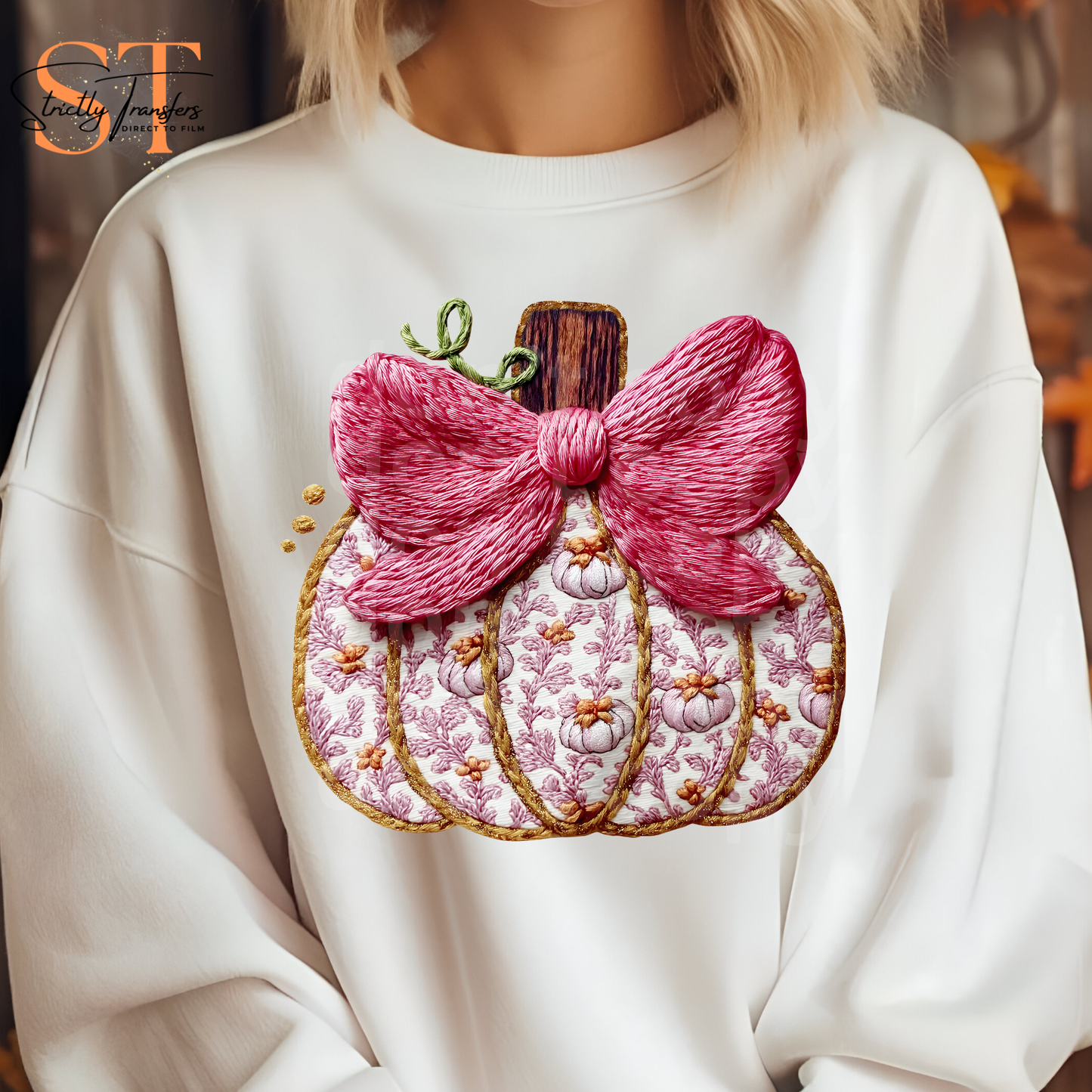 Pink Scroll Pumpkin with Bow Direct to Film Transfers