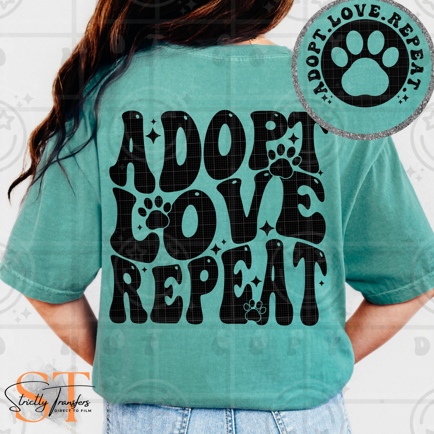 Adopt Love Repeat - Pocket detail included Direct to Film Transfers