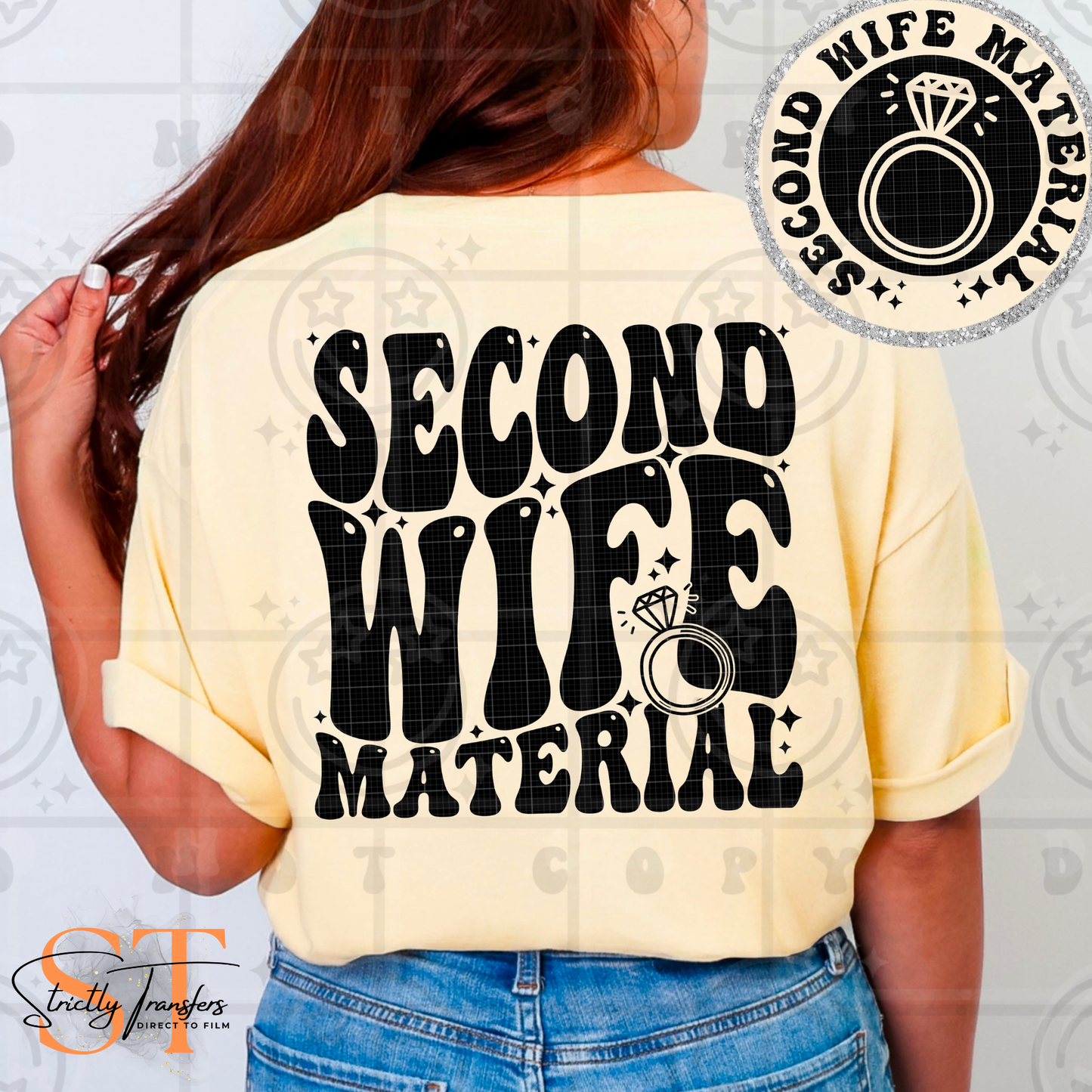 Second Wife Material with pocket detail included Direct to Film Transfers