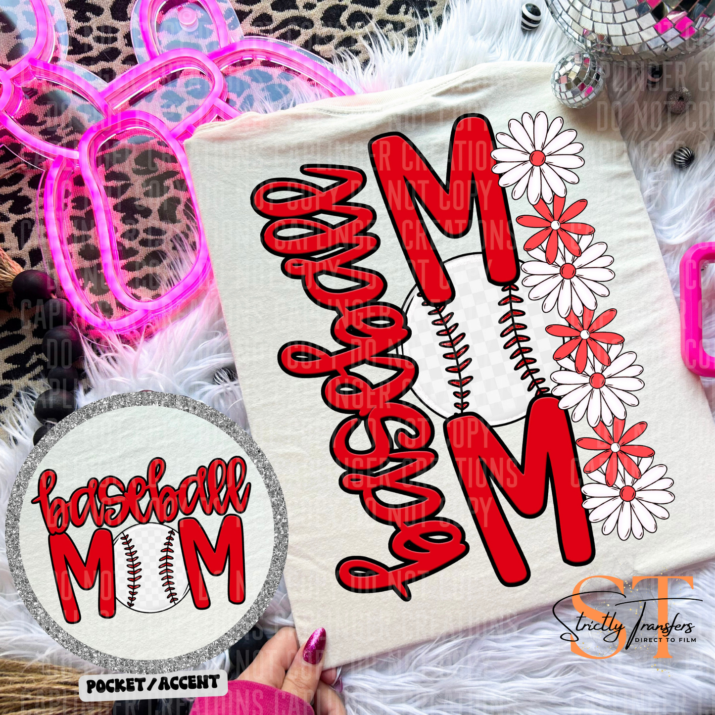 Baseball Mom Daisies pocket design included- 10 color options Direct to Film Transfers