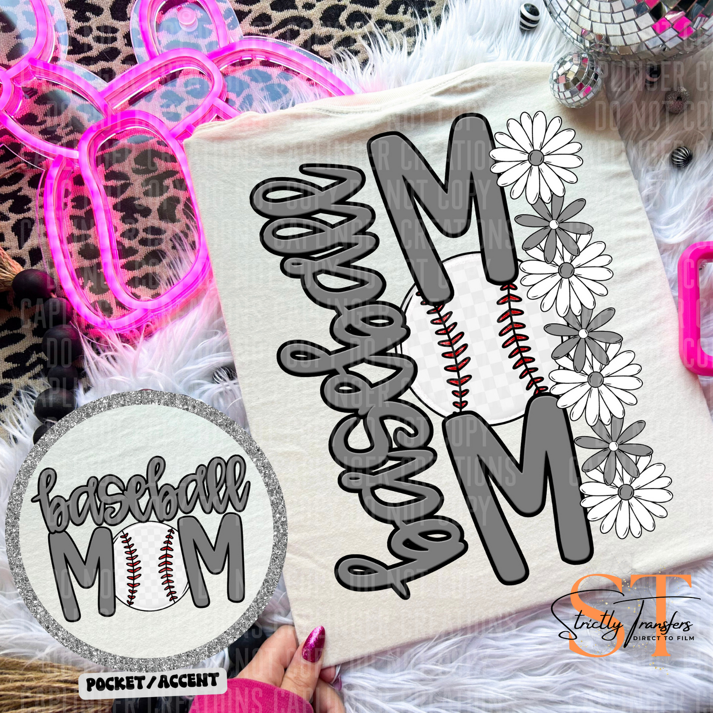Baseball Mom Daisies pocket design included- 10 color options Direct to Film Transfers