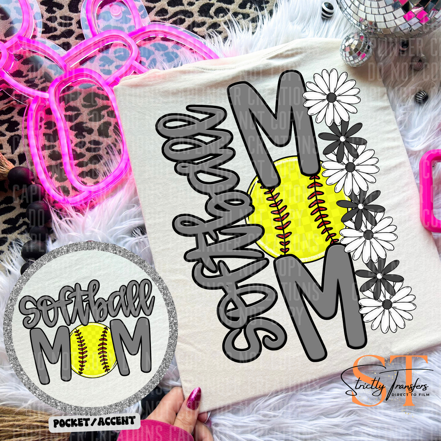 Softball Mom Daisies pocket design included- 10 color options Direct to Film Transfers
