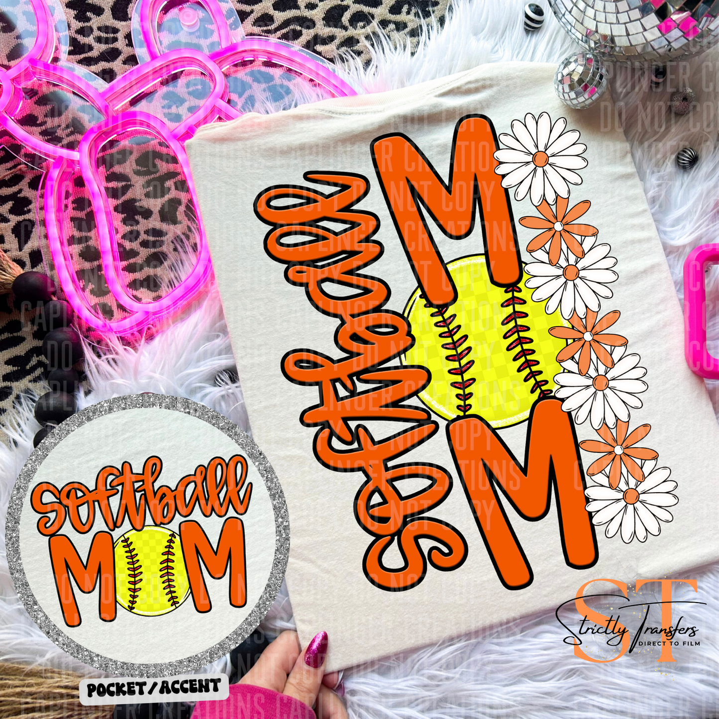Softball Mom Daisies pocket design included- 10 color options Direct to Film Transfers