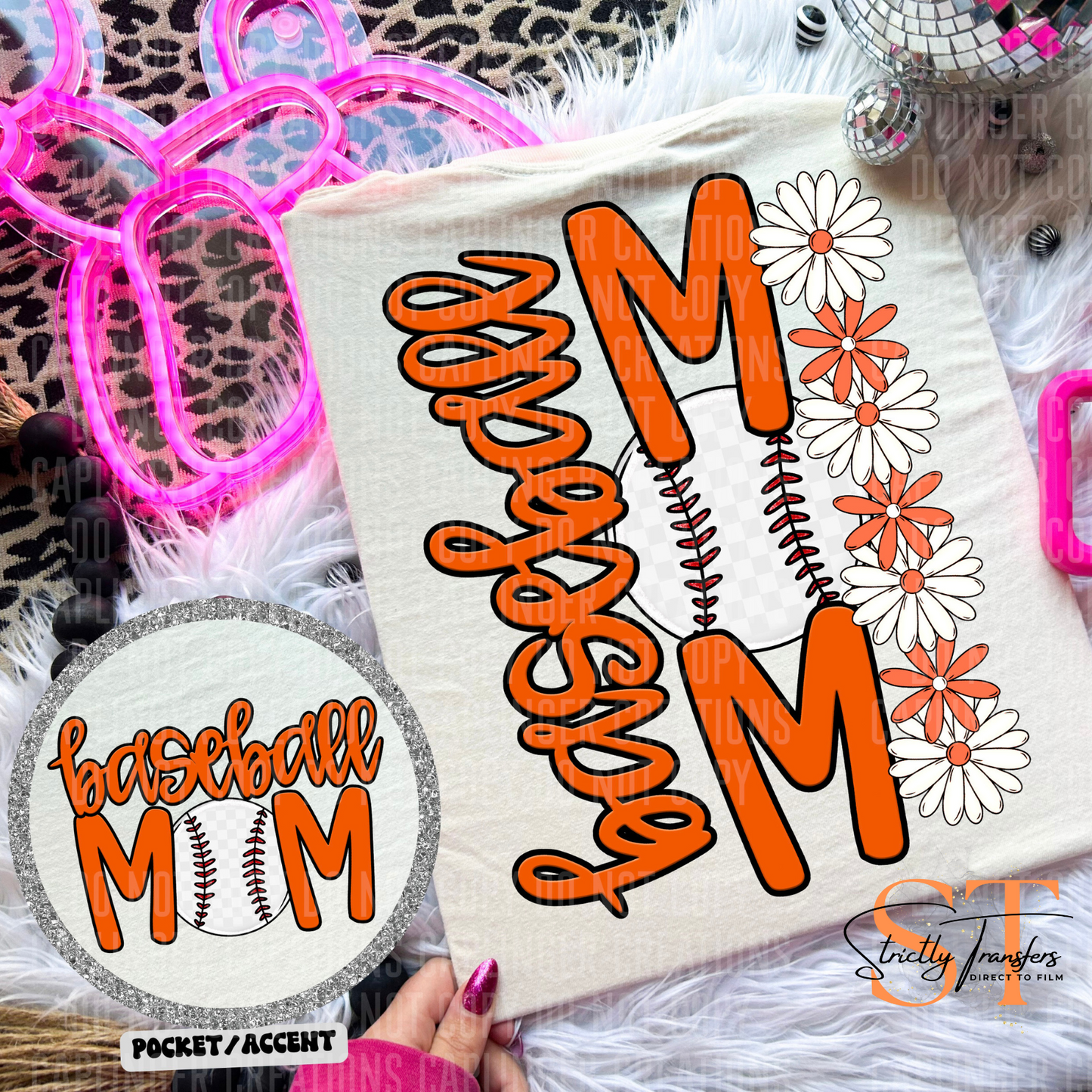Baseball Mom Daisies pocket design included- 10 color options Direct to Film Transfers