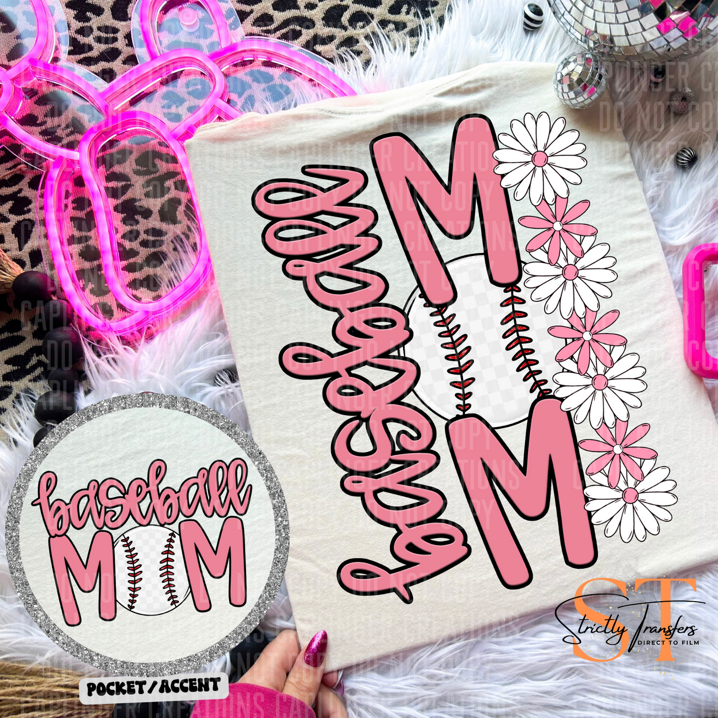 Baseball Mom Daisies pocket design included- 10 color options Direct to Film Transfers