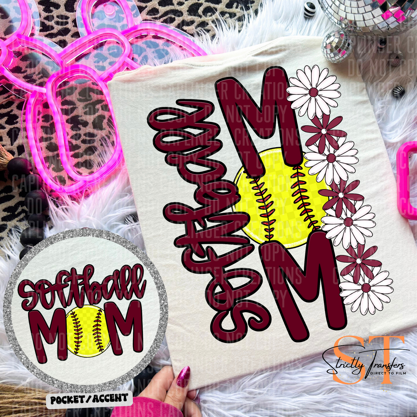 Softball Mom Daisies pocket design included- 10 color options Direct to Film Transfers