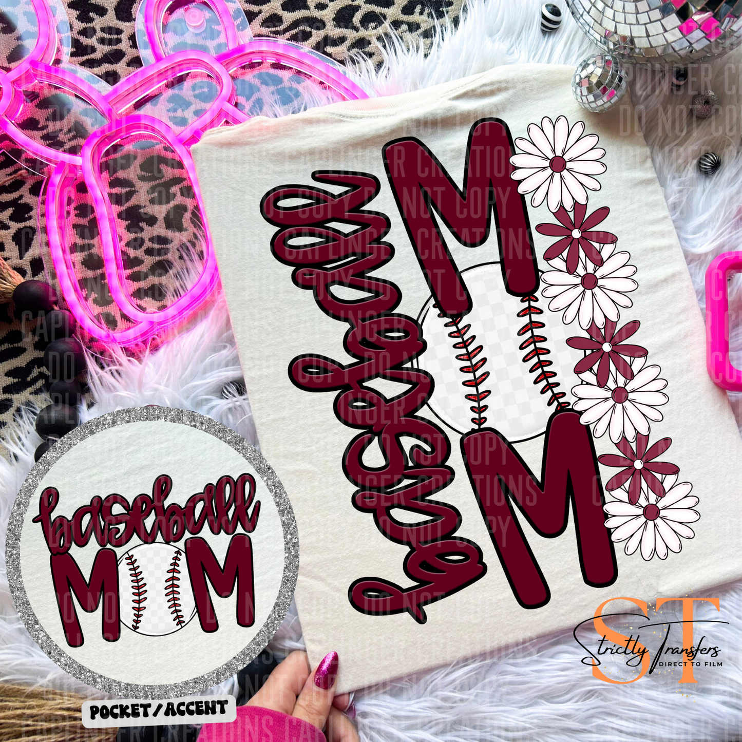 Baseball Mom Daisies pocket design included- 10 color options Direct to Film Transfers