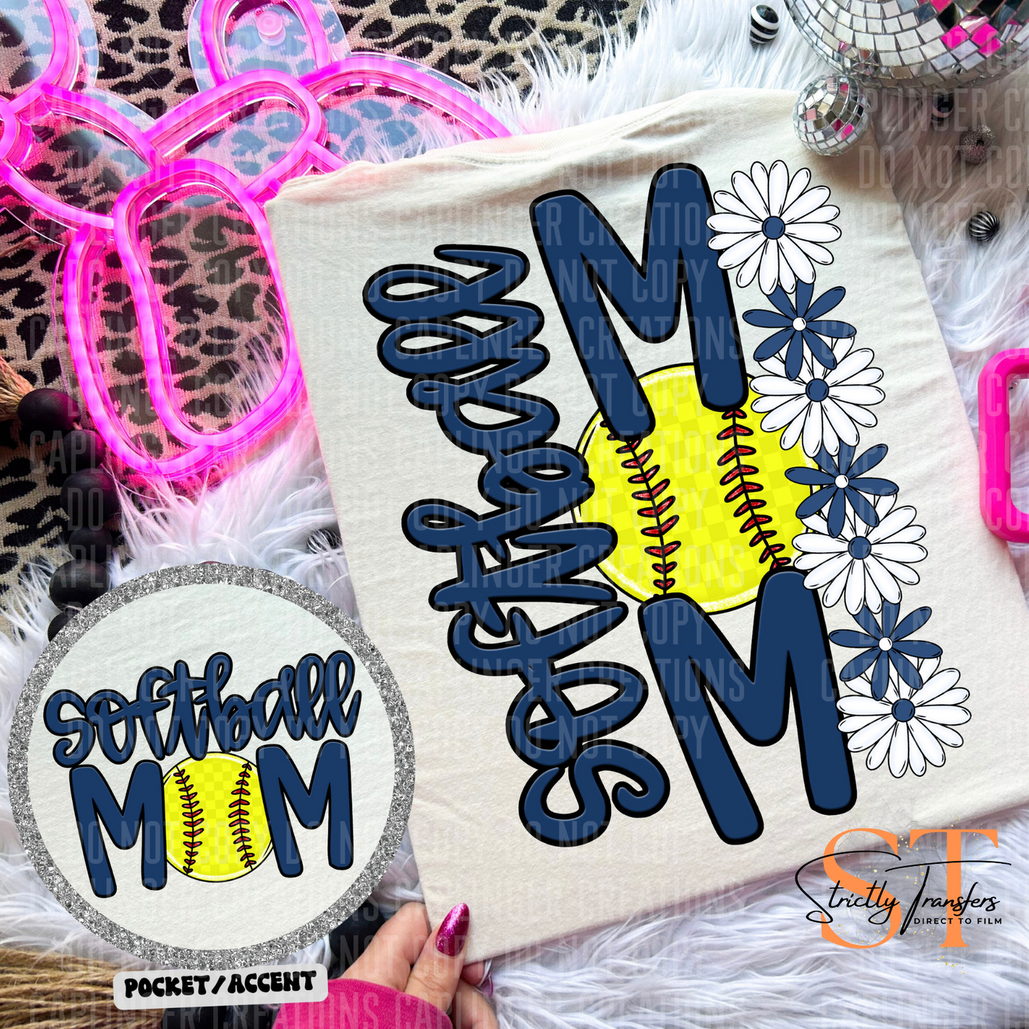 Softball Mom Daisies pocket design included- 10 color options Direct to Film Transfers