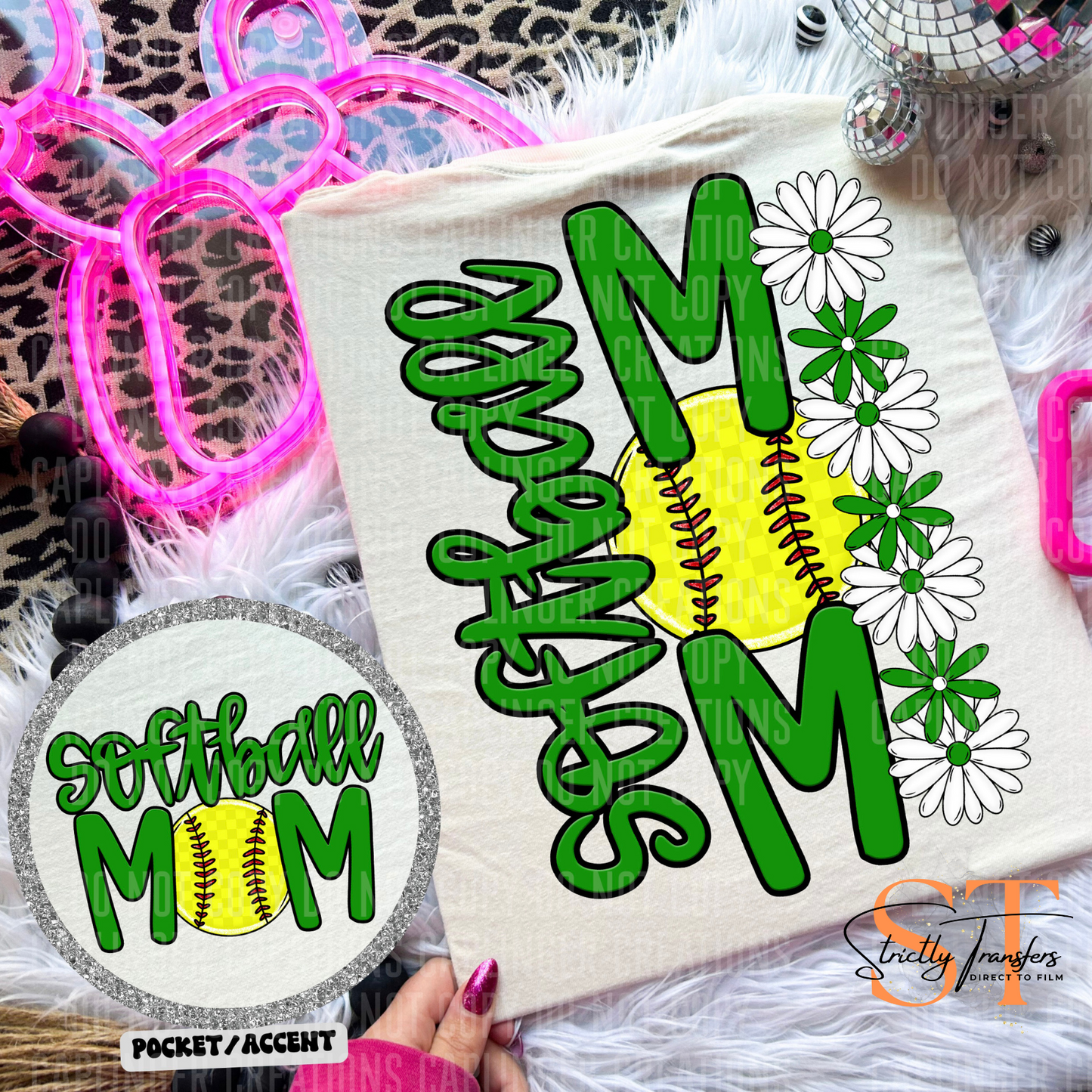 Softball Mom Daisies pocket design included- 10 color options Direct to Film Transfers