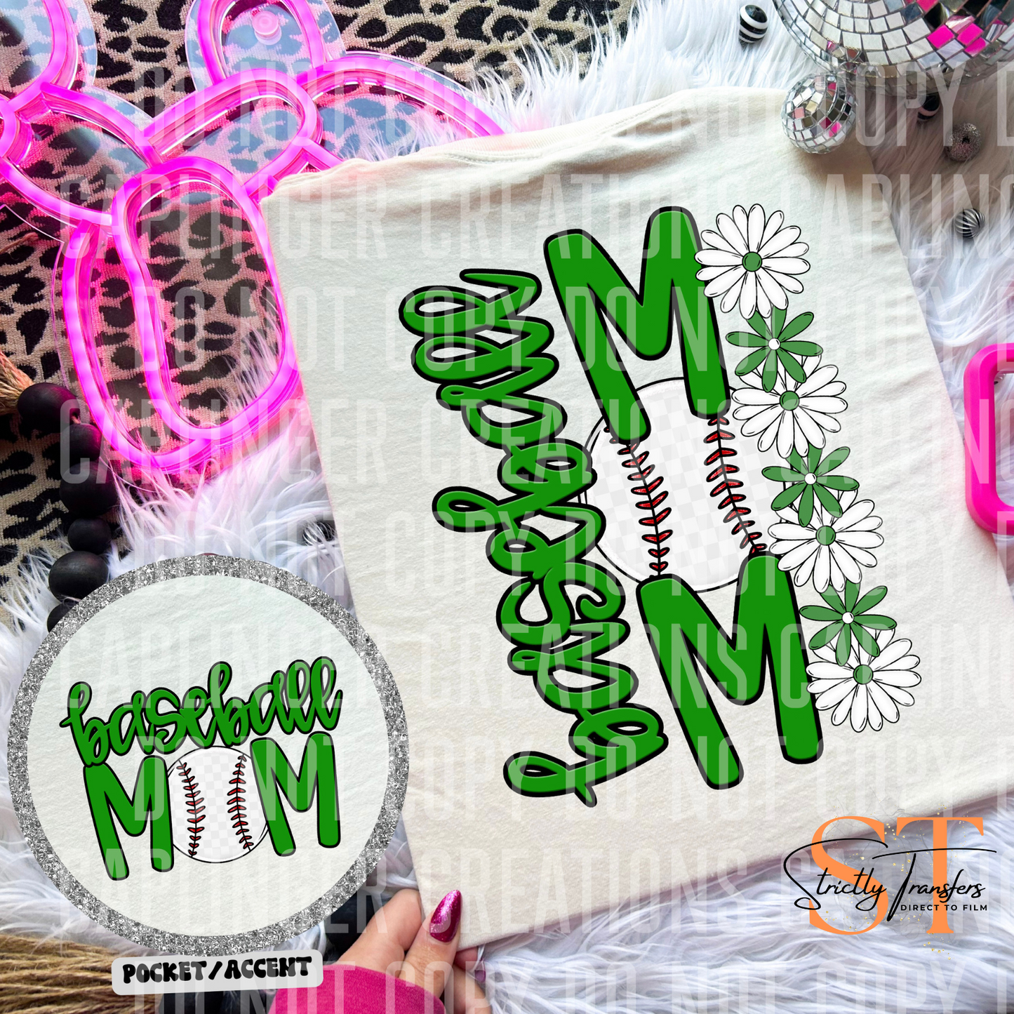 Baseball Mom Daisies pocket design included- 10 color options Direct to Film Transfers