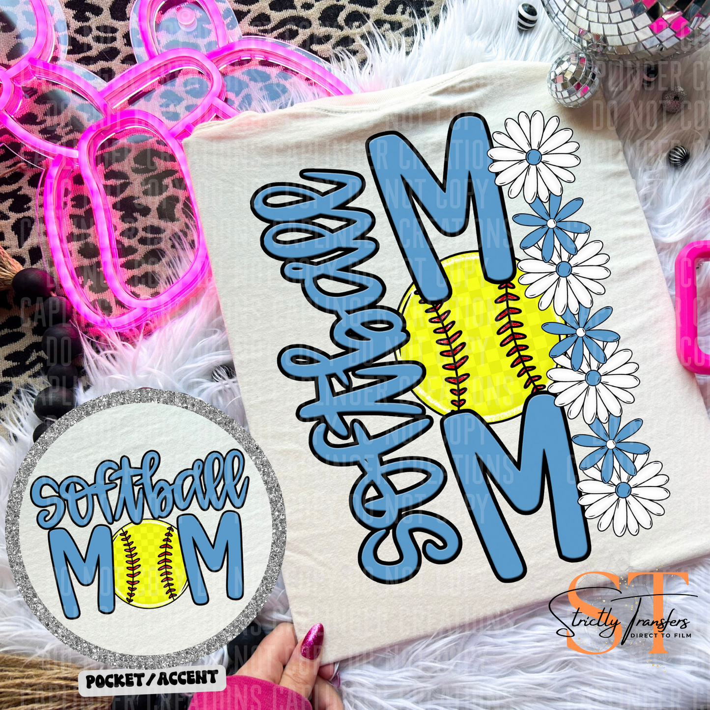 Softball Mom Daisies pocket design included- 10 color options Direct to Film Transfers