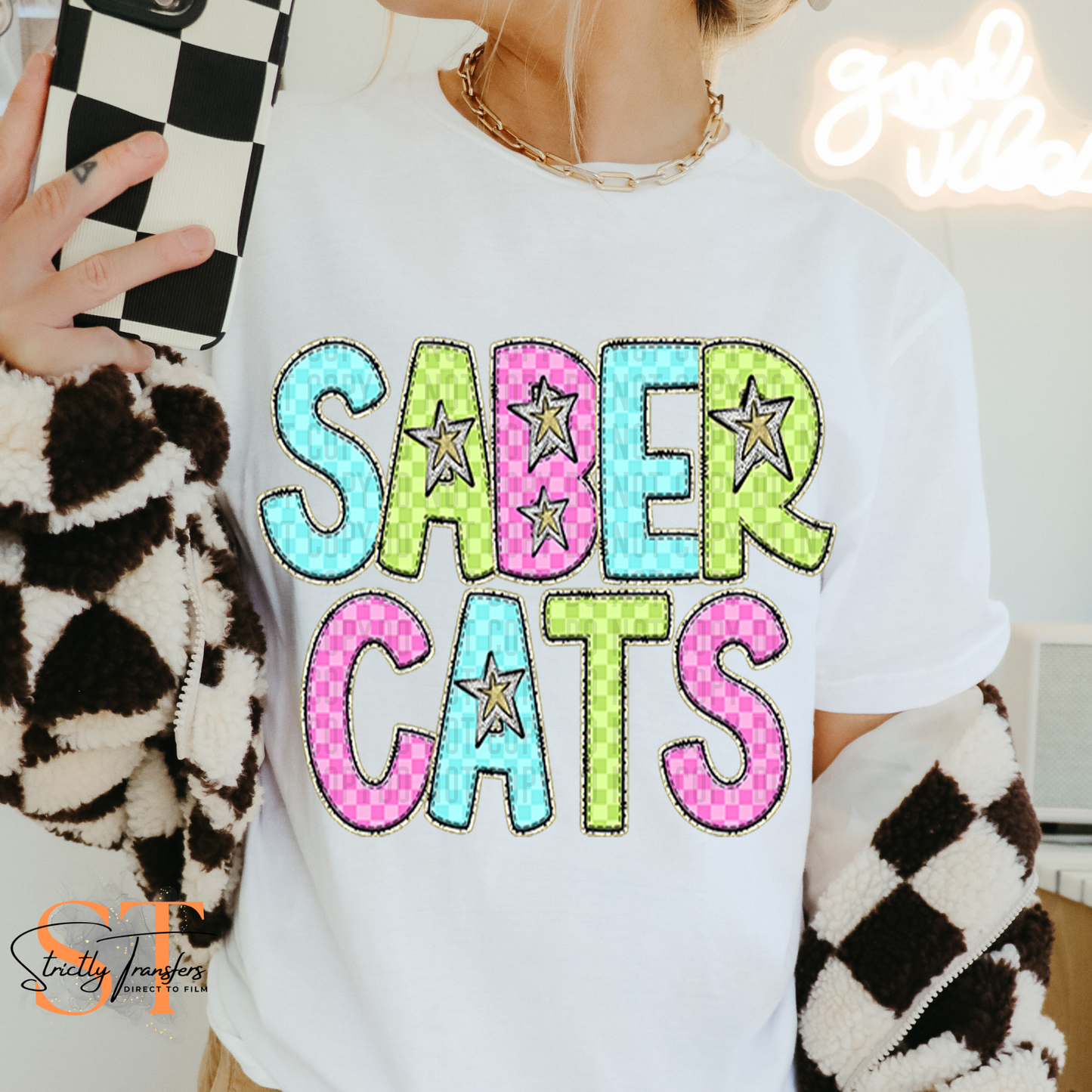 Sabercats Bright Checked Direct to Film Transfers