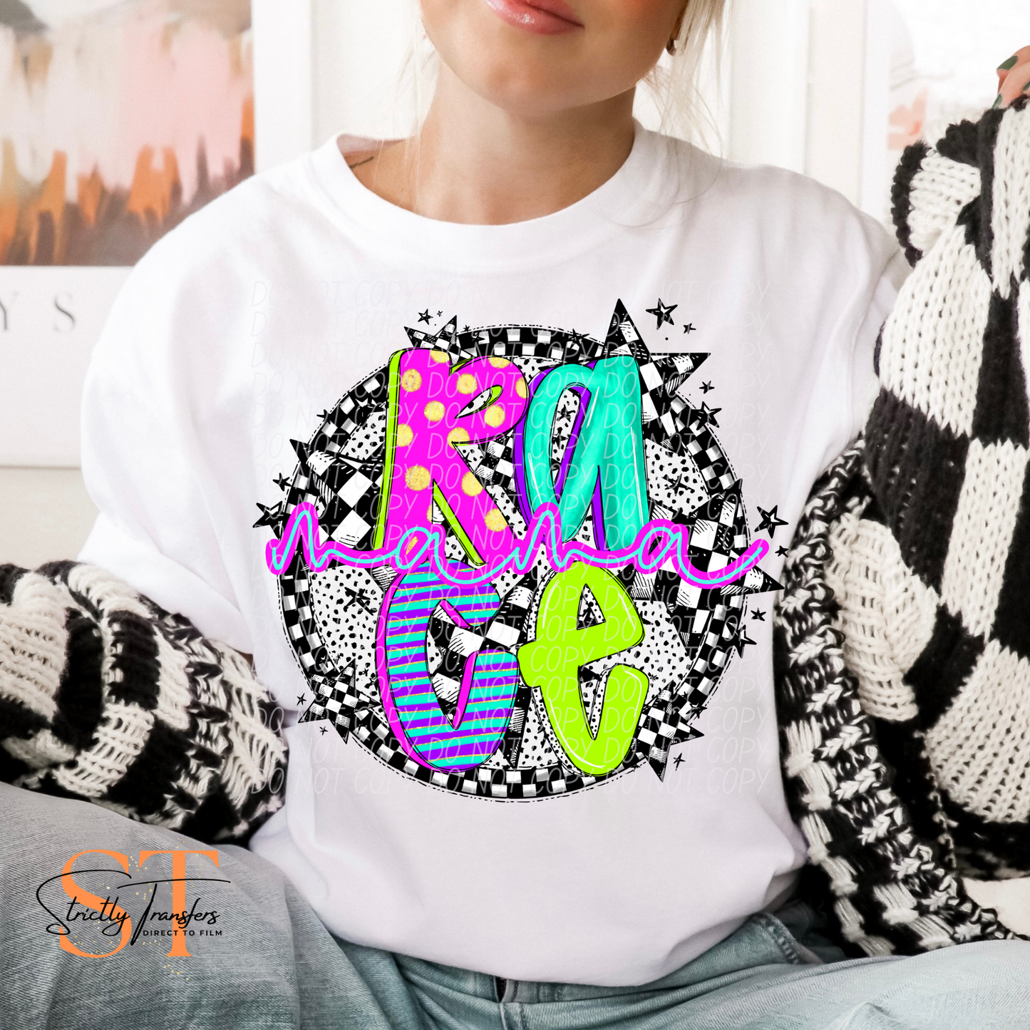 Neon Checker Race Mama Direct to Film Transfers