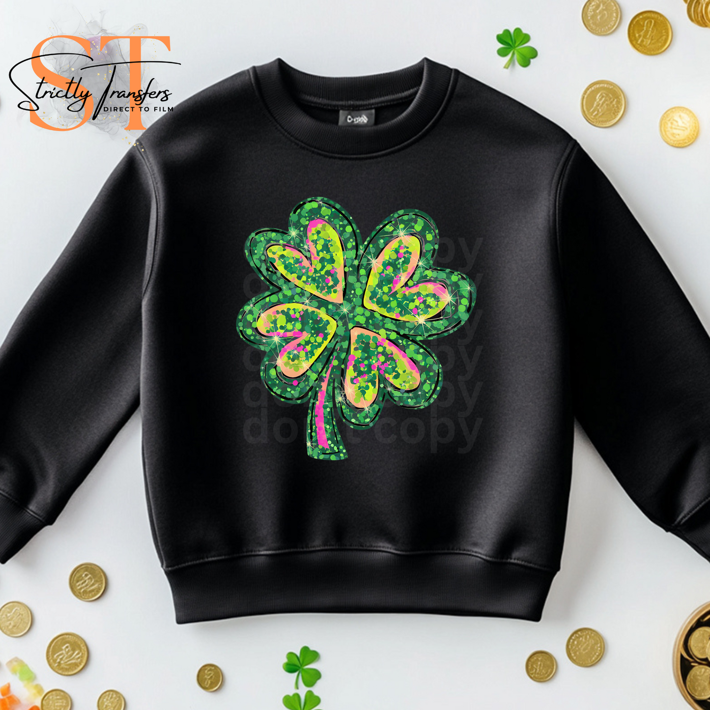 St. Patrick's Day Shamrock Faux Glitter Direct to Film Transfers