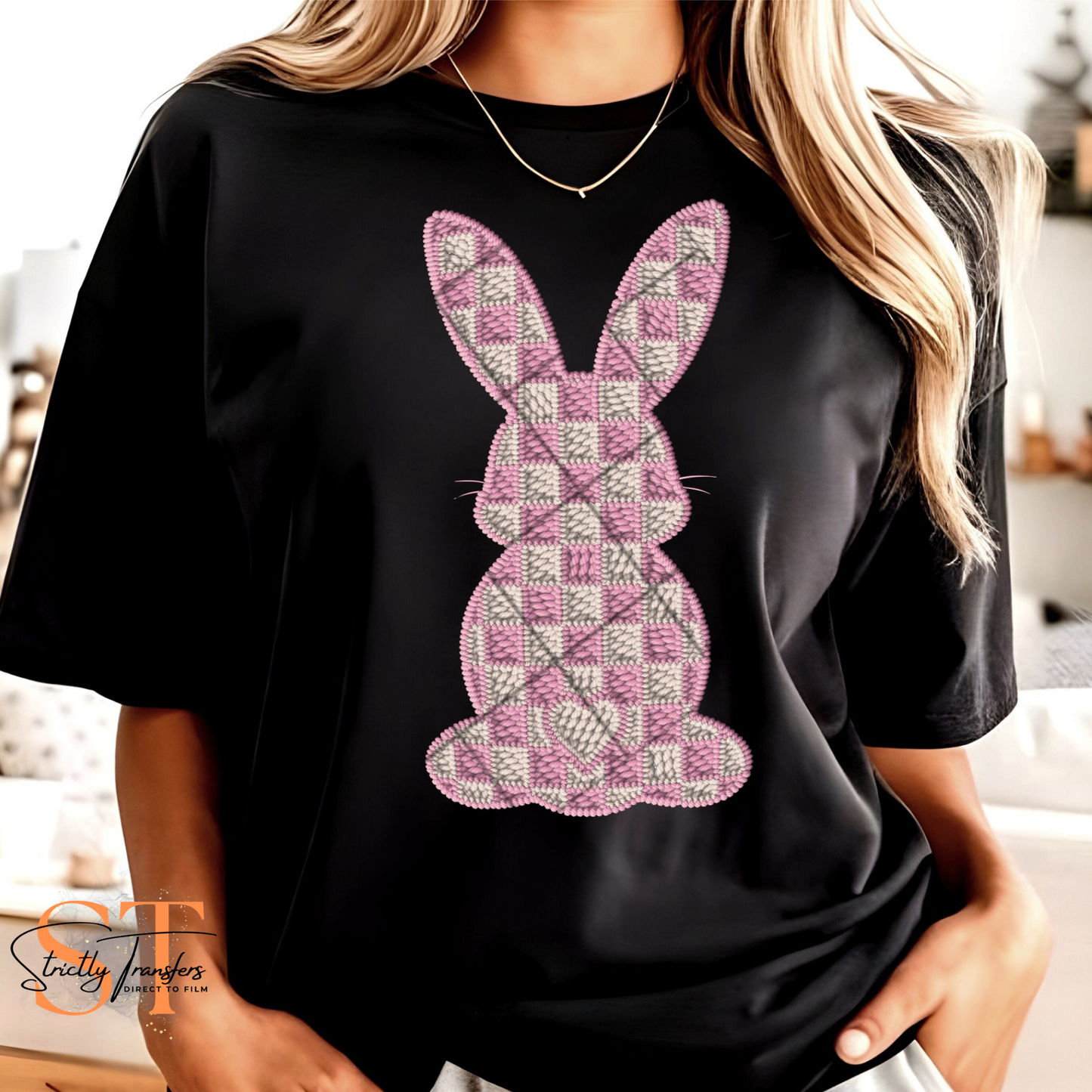Checkered Embroidery Bunny Direct to Film Transfers