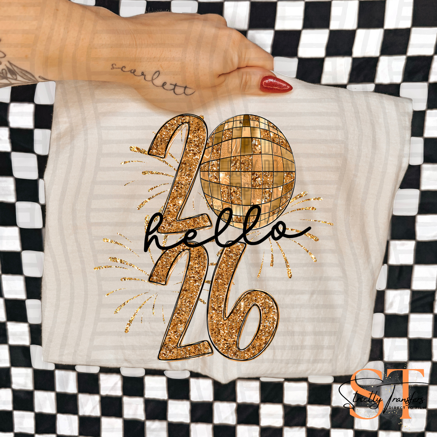 Hello 2026 Disco Ball Gold Direct to Film Transfers