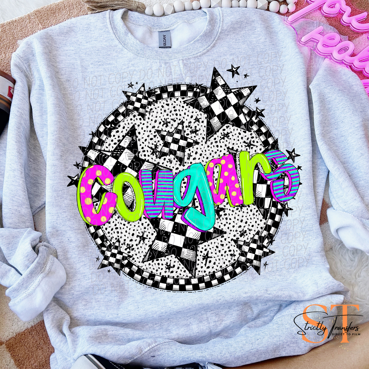 Neon Checker Cougars Direct to Film Transfers