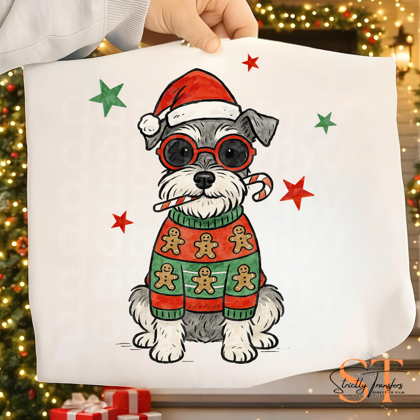 Schnauzer Christmas with Sunglasses Direct to Film Transfers