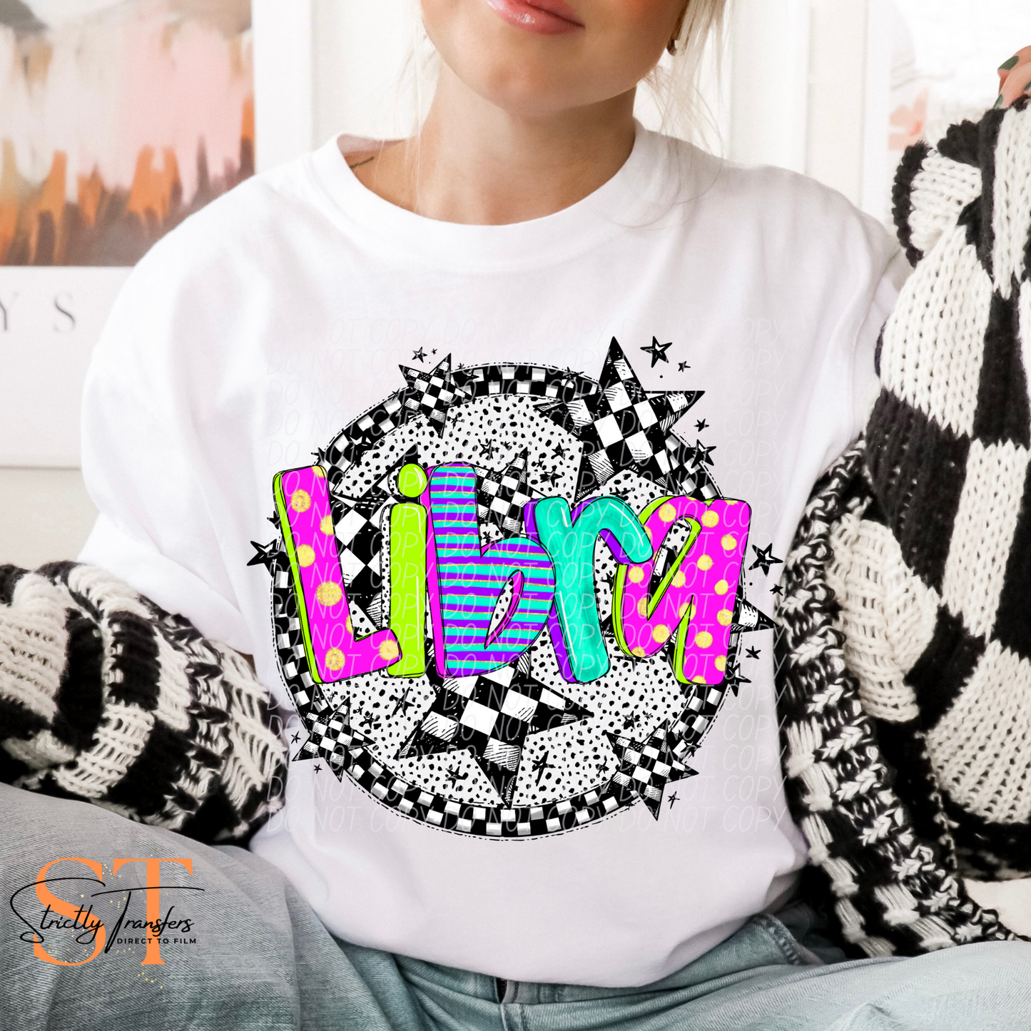 Neon Checkered Libra Direct to Film Transfers