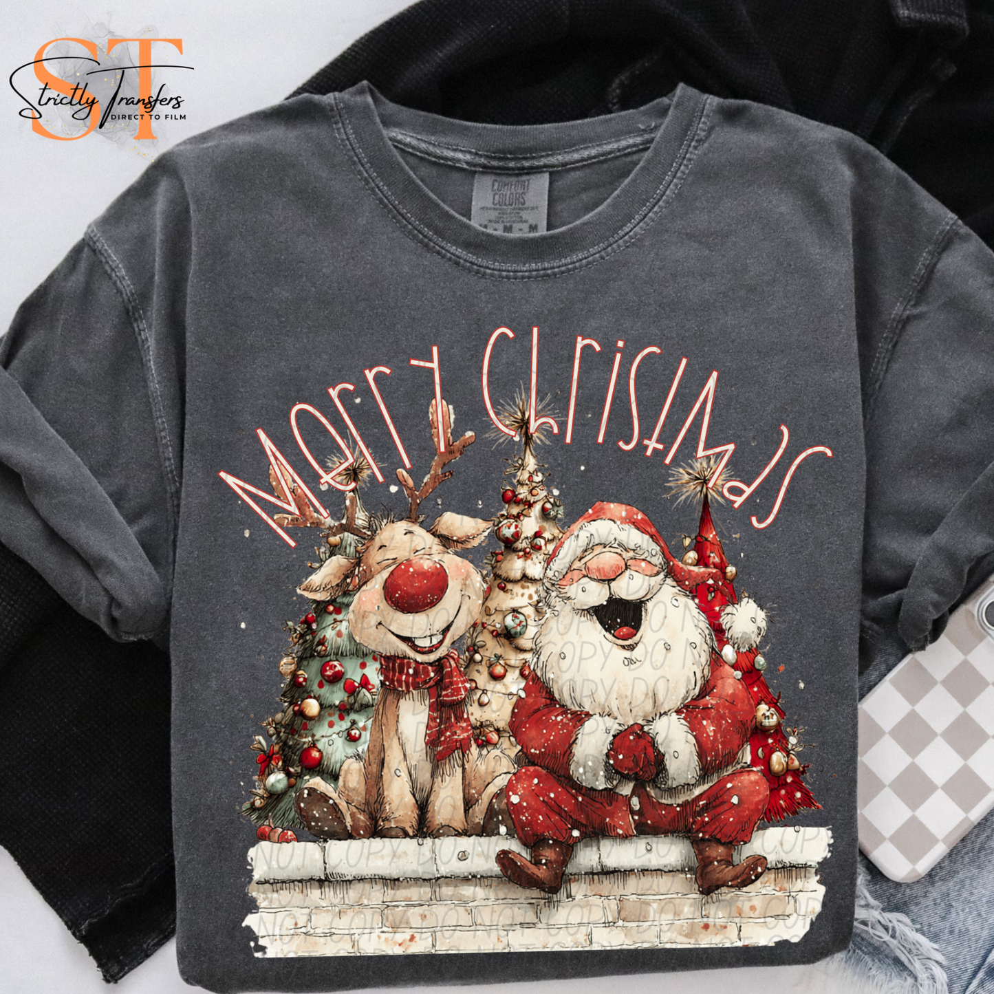 Merry Christmas Santa & Rudolph - 2 Colors Direct to Film Transfers