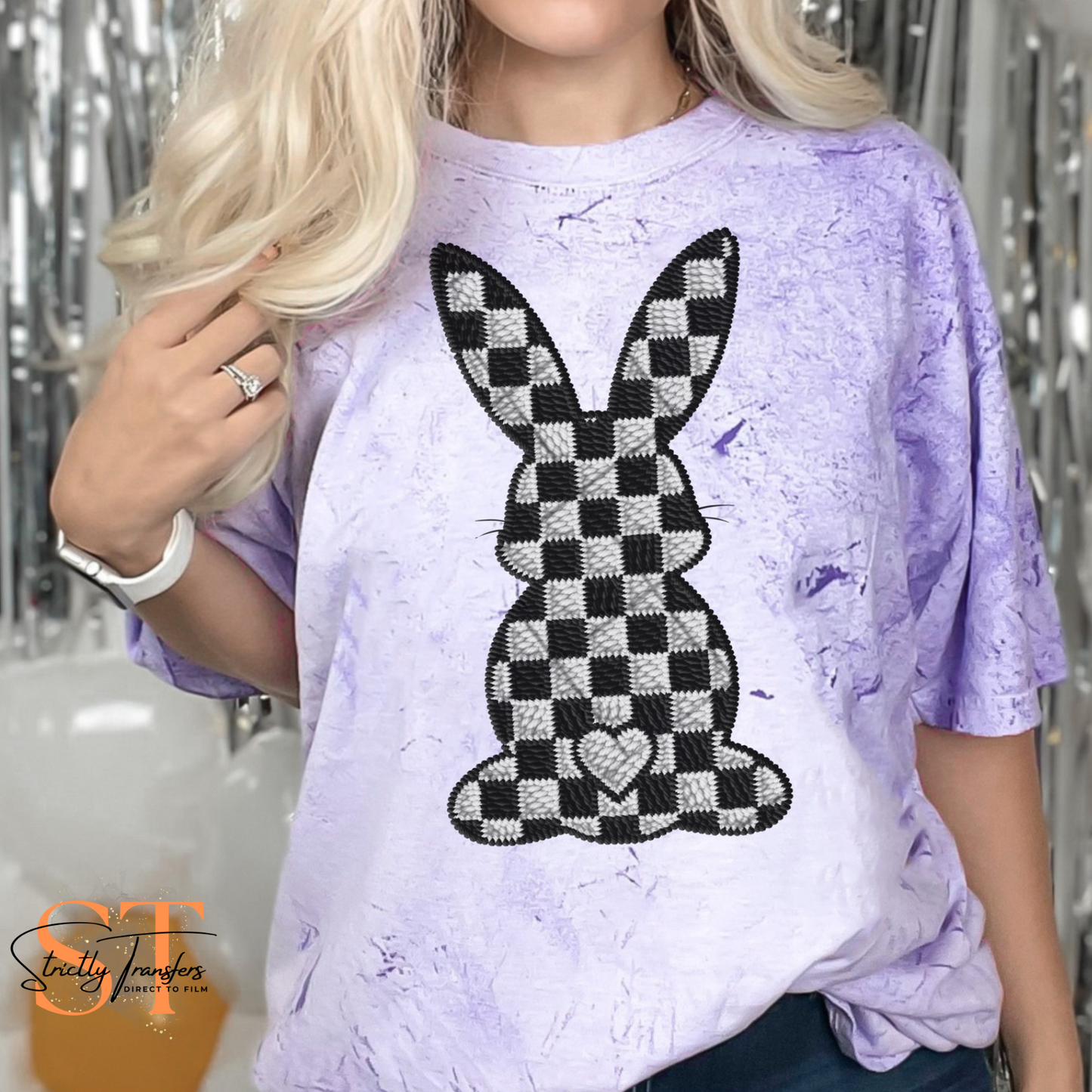 Checkered Embroidery Bunny Direct to Film Transfers