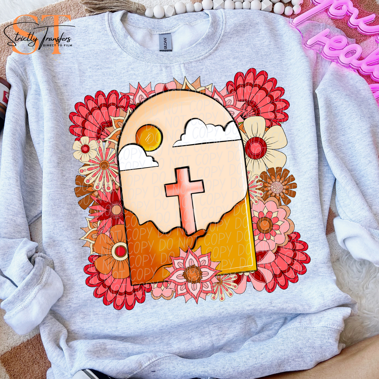 Floral Cross Direct to Film Transfers