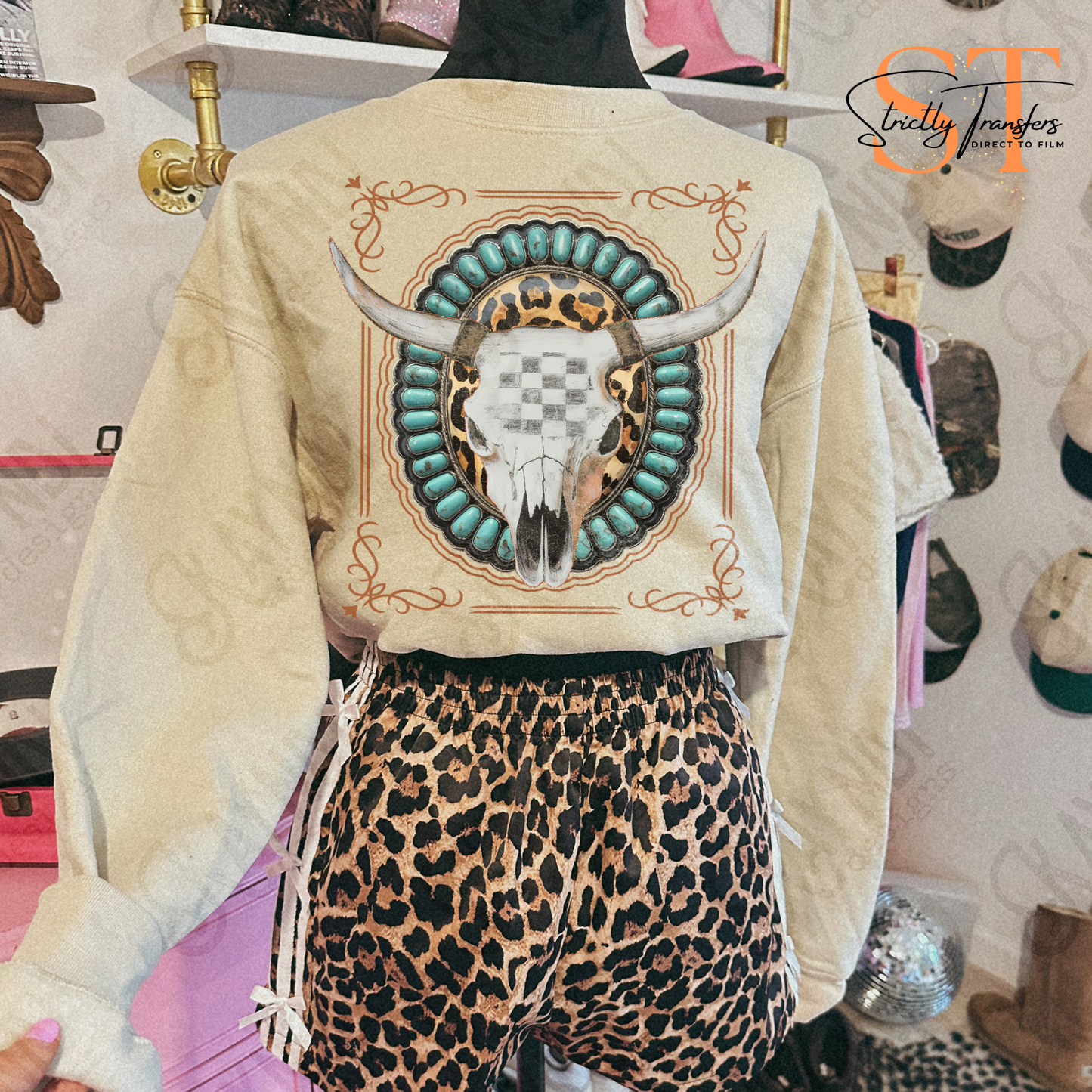 Turquoise Leopard Steer Skull Direct to Film Transfers