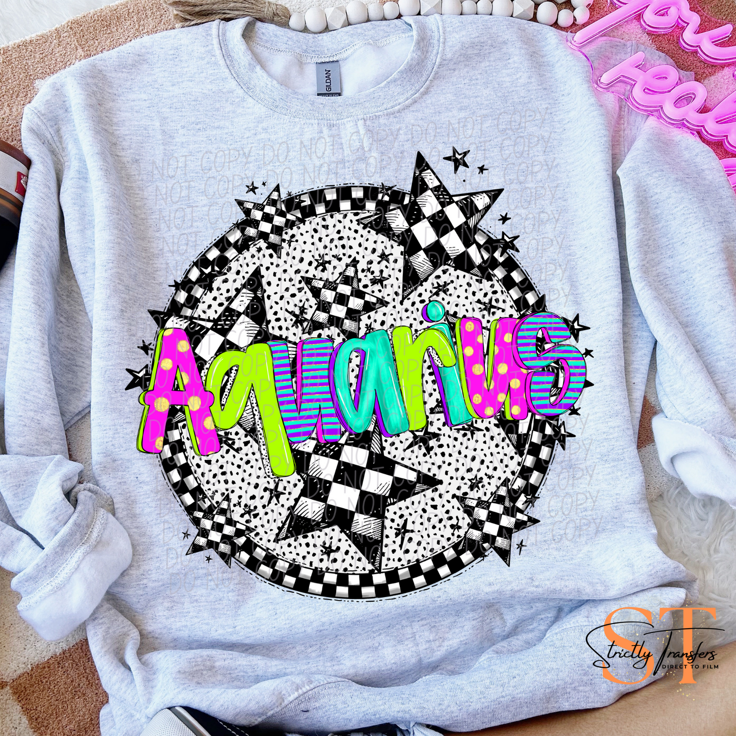 Neon Checkered Aquarius Direct to Film Transfers