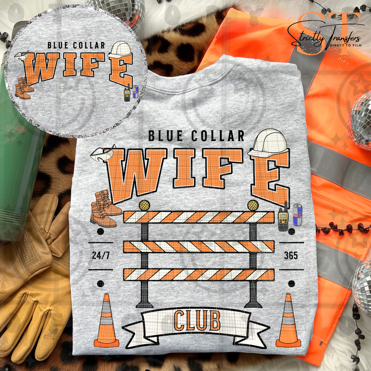 Blue Collar Wife Club - pocket design included Direct to Film Transfers