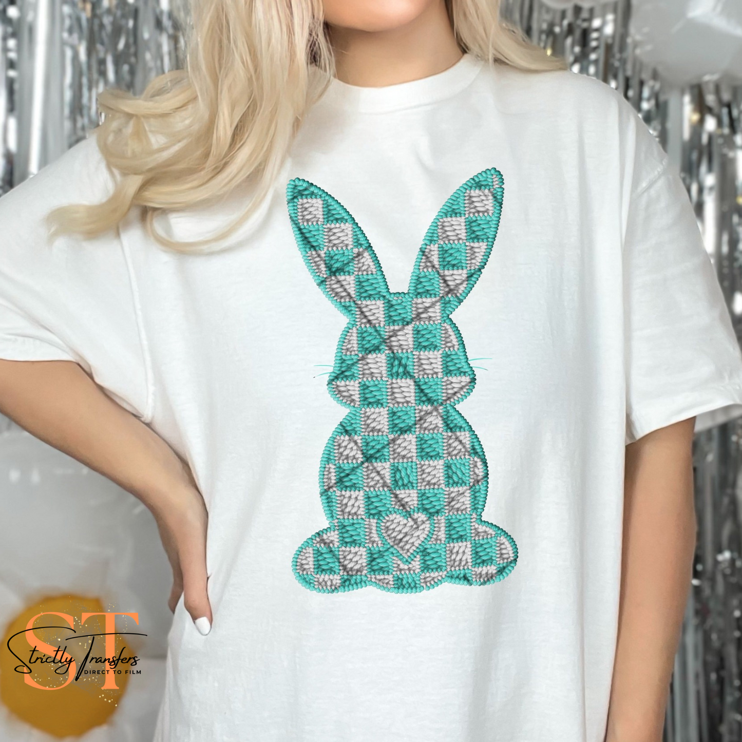 Checkered Embroidery Bunny Direct to Film Transfers