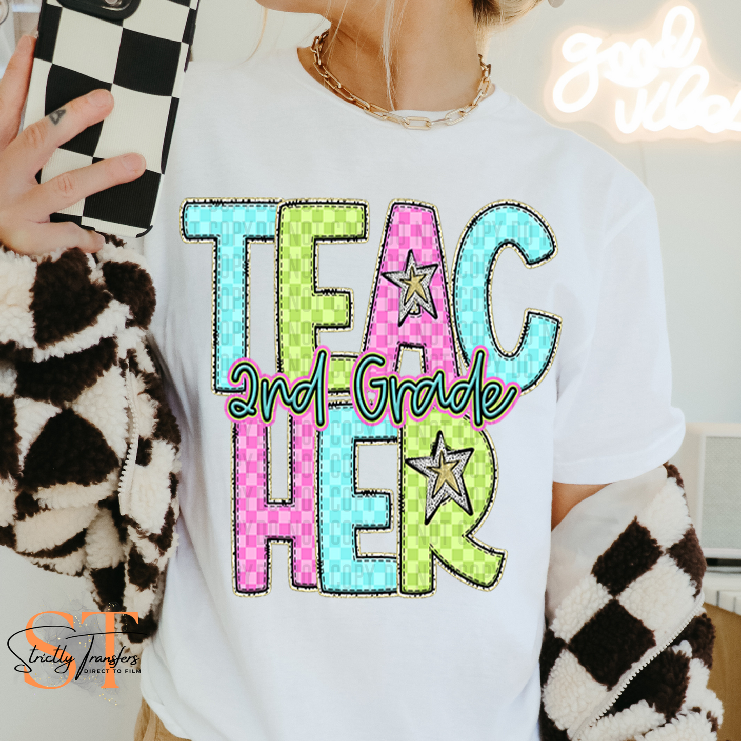 Bright Checkered Teachers - Elementary Grade Options Direct to Film Transfers