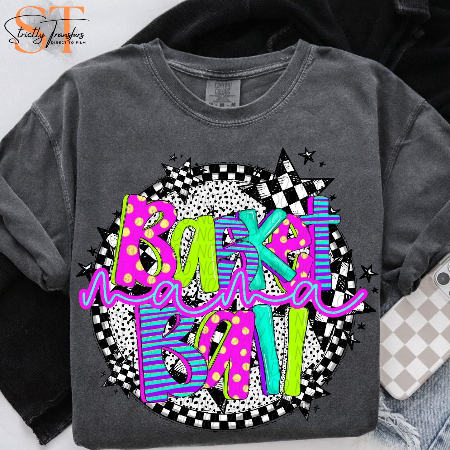 Neon Checker Basketball Mama Direct to Film Transfers