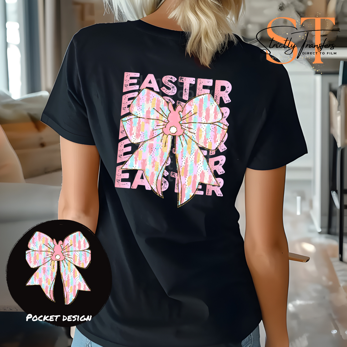 Pink Stacked Easter Coquette with pocket design included Direct to Film Transfers