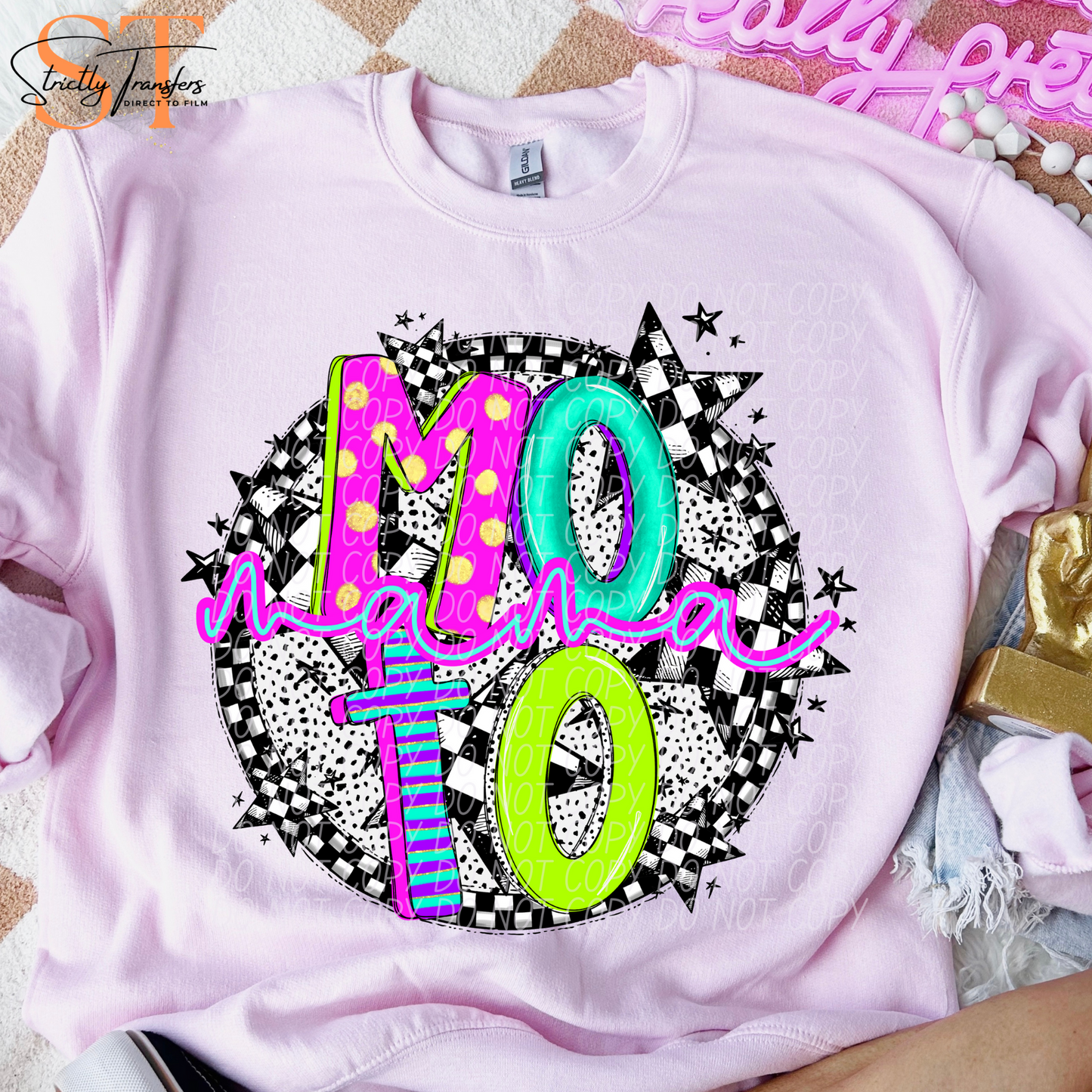 Neon Checker Moto Mama Direct to Film Transfers