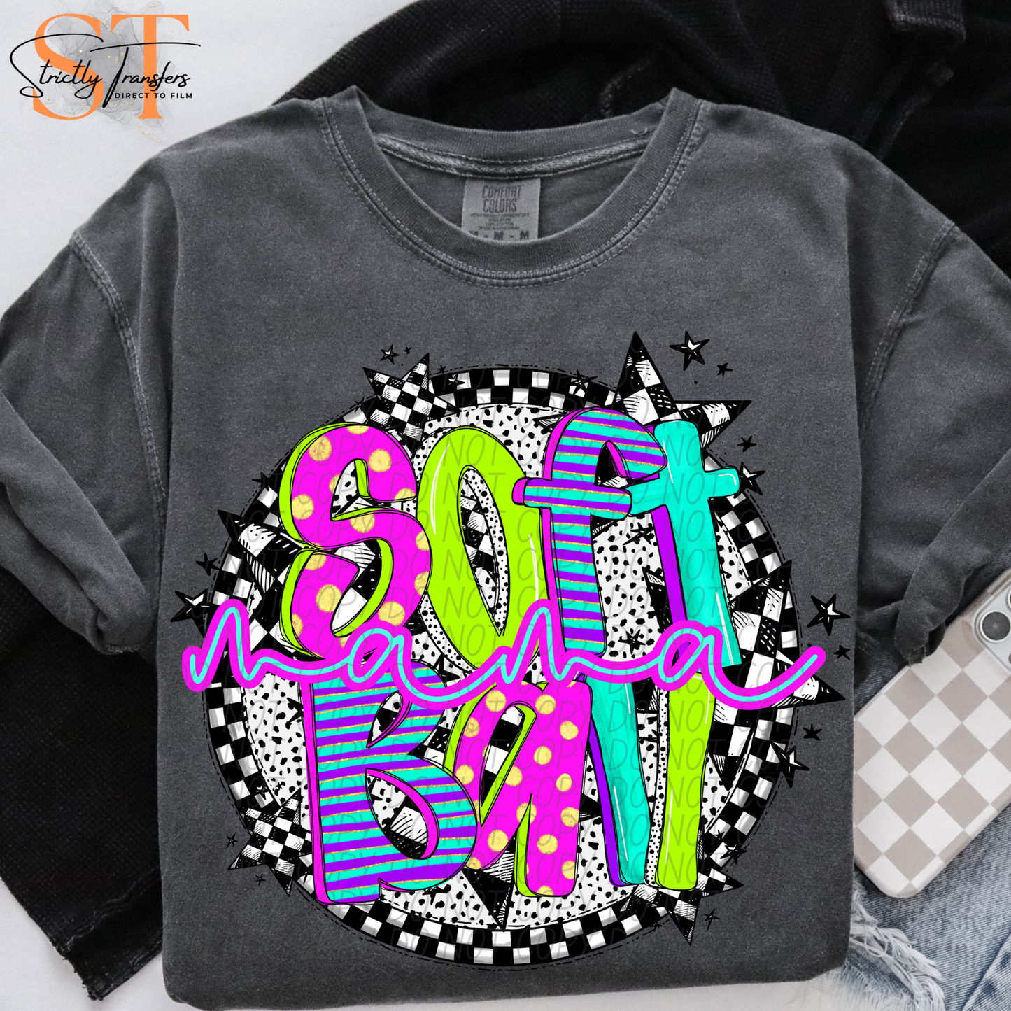 Neon Checker Softball Mama Direct to Film Transfers