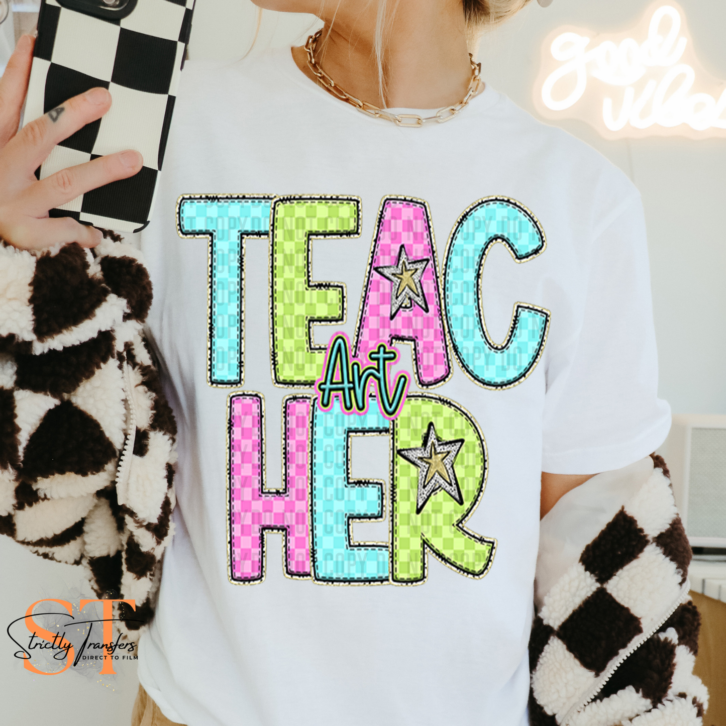 Bright Checkered Art Teacher Direct to Film Transfers