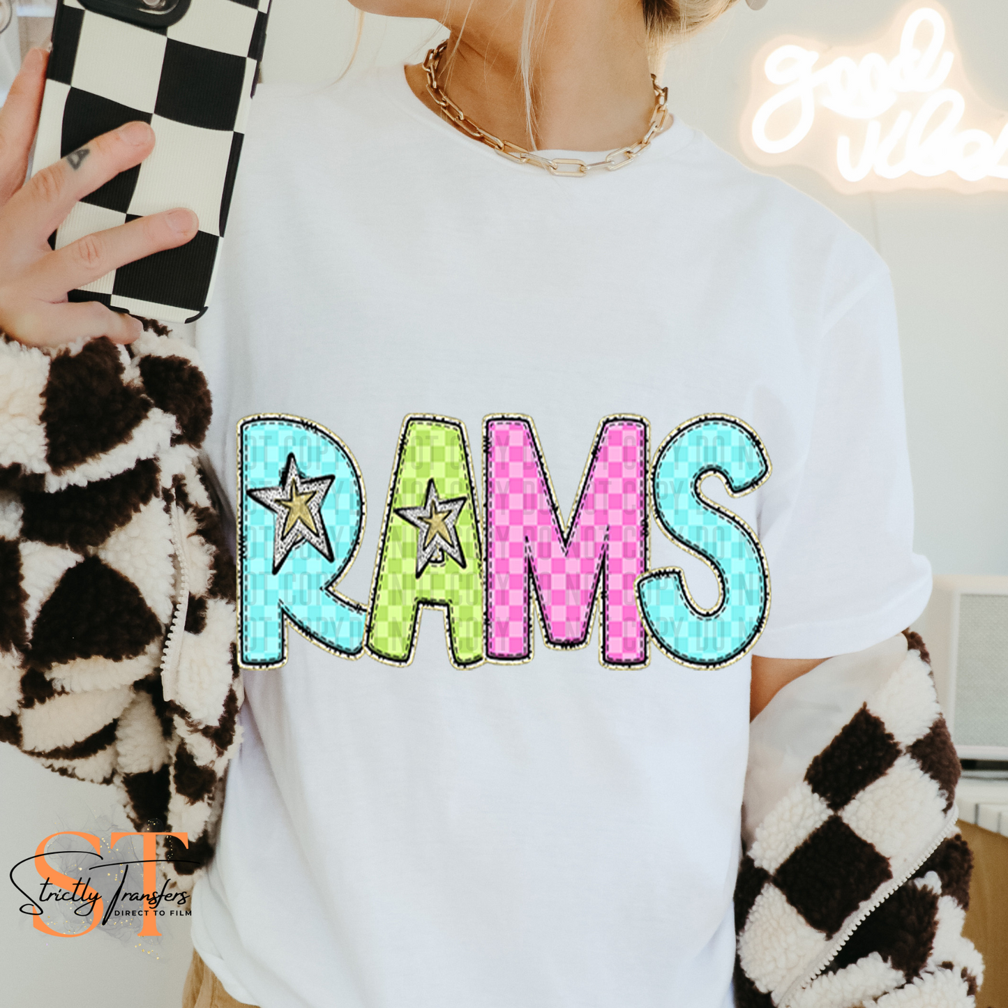 Rams Bright Checked Direct to Film Transfers