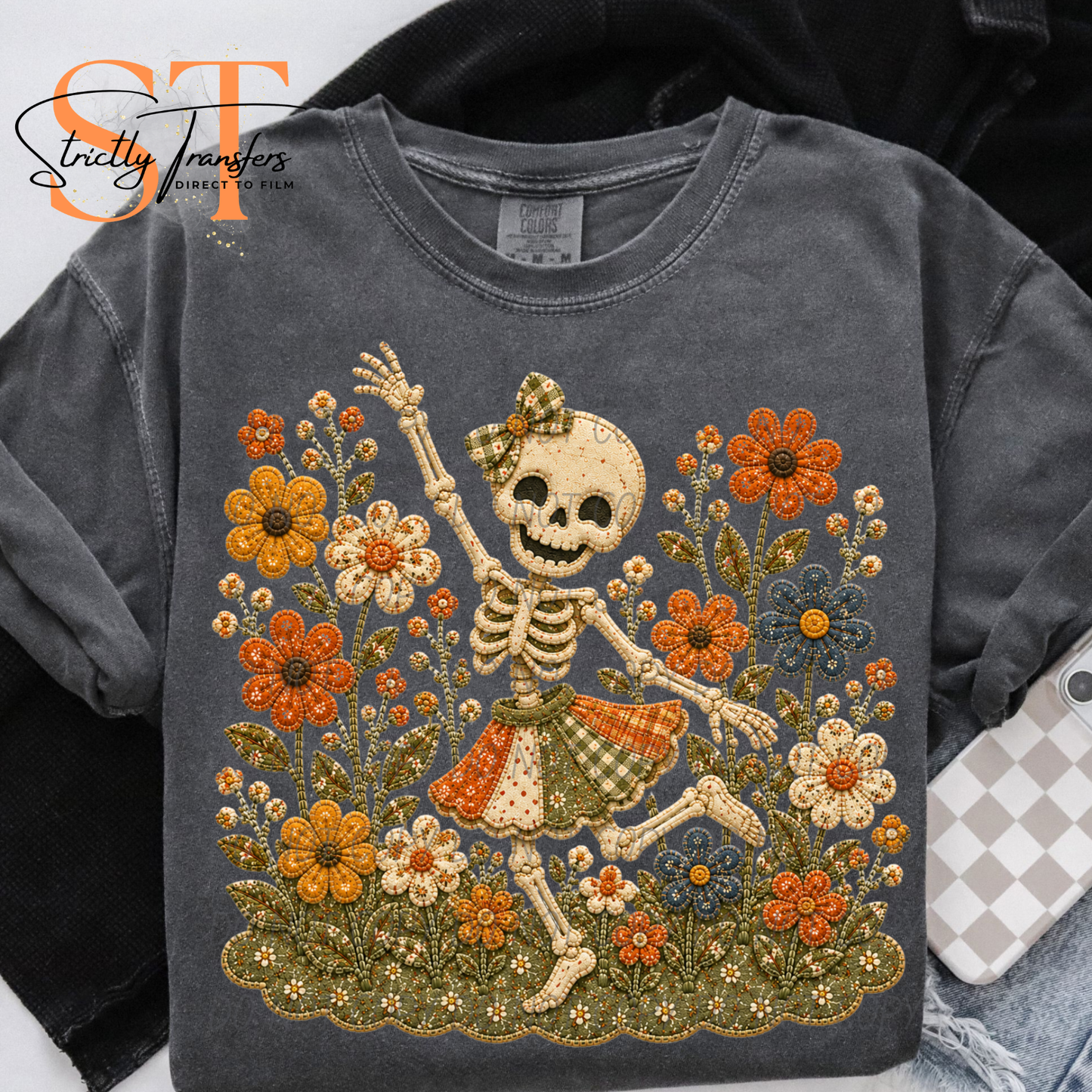 Dancing Skeleton & Flowers Direct to Film Transfers