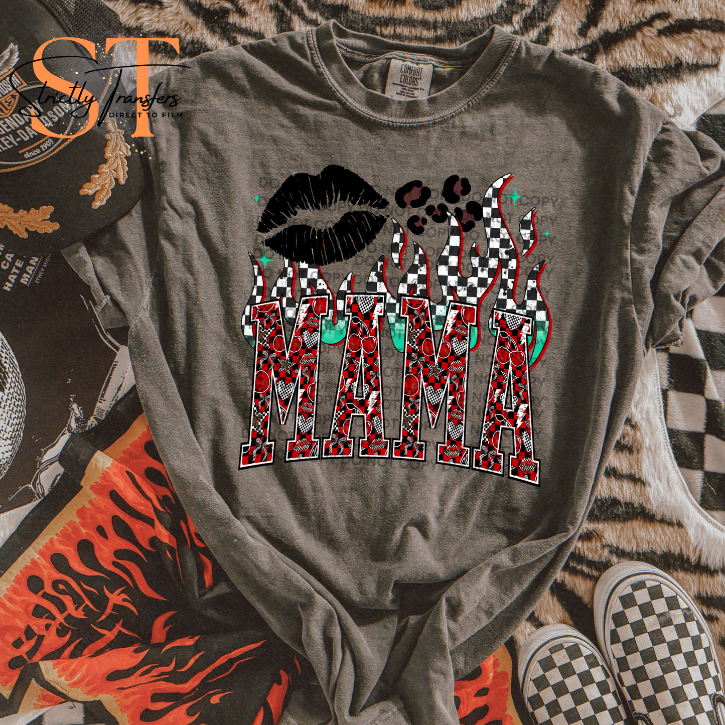 Mama Checkered Flames Direct to Film Transfers