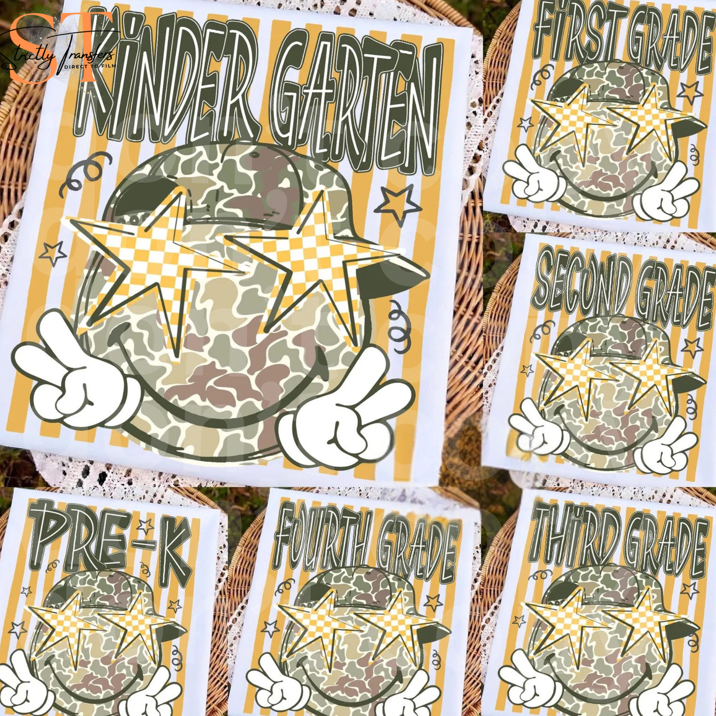 Camo Stripe Smiley Grade Levels - Multiple Options Direct to Film Transfers