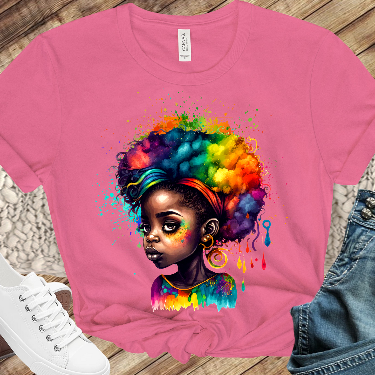 Rainbow Watercolor Black Girl #3 Direct to Film Transfer