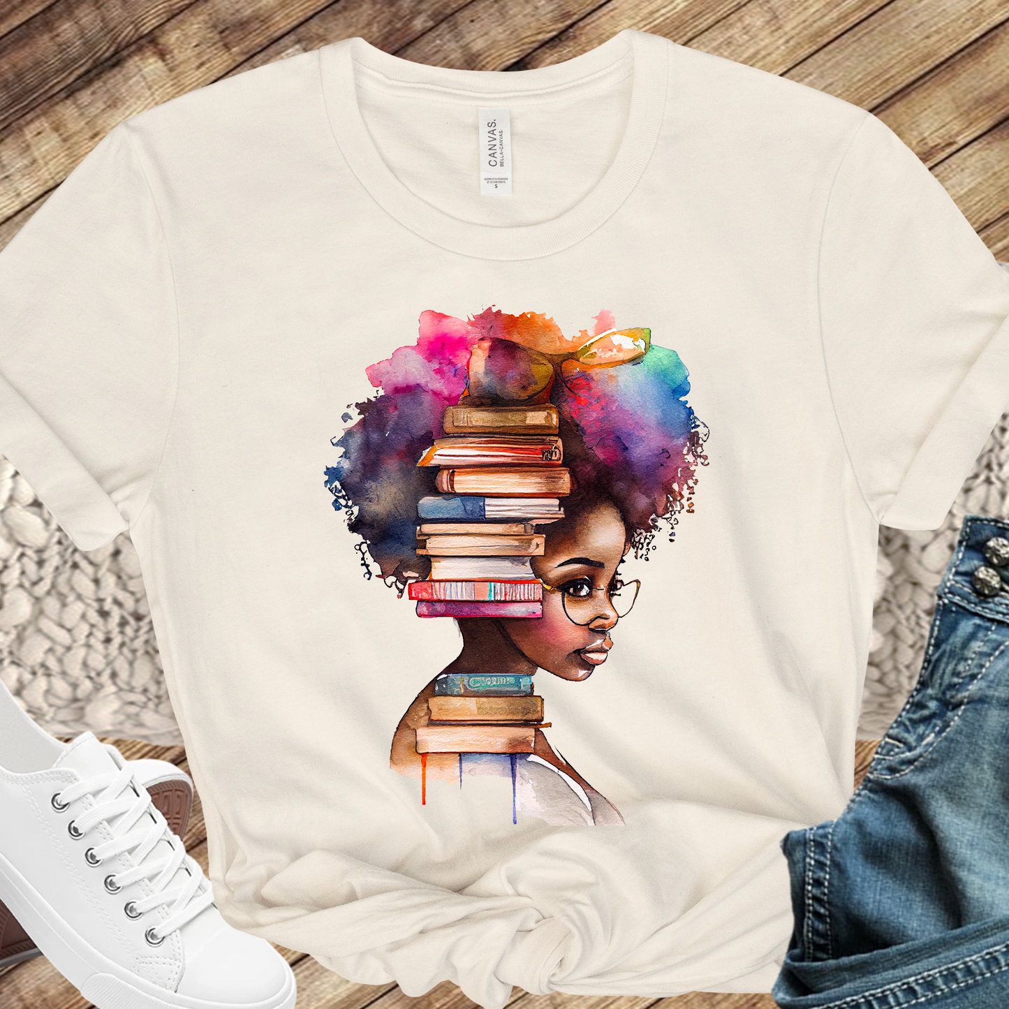 Watercolor Black Girl & Books #2 Direct to Film Transfer