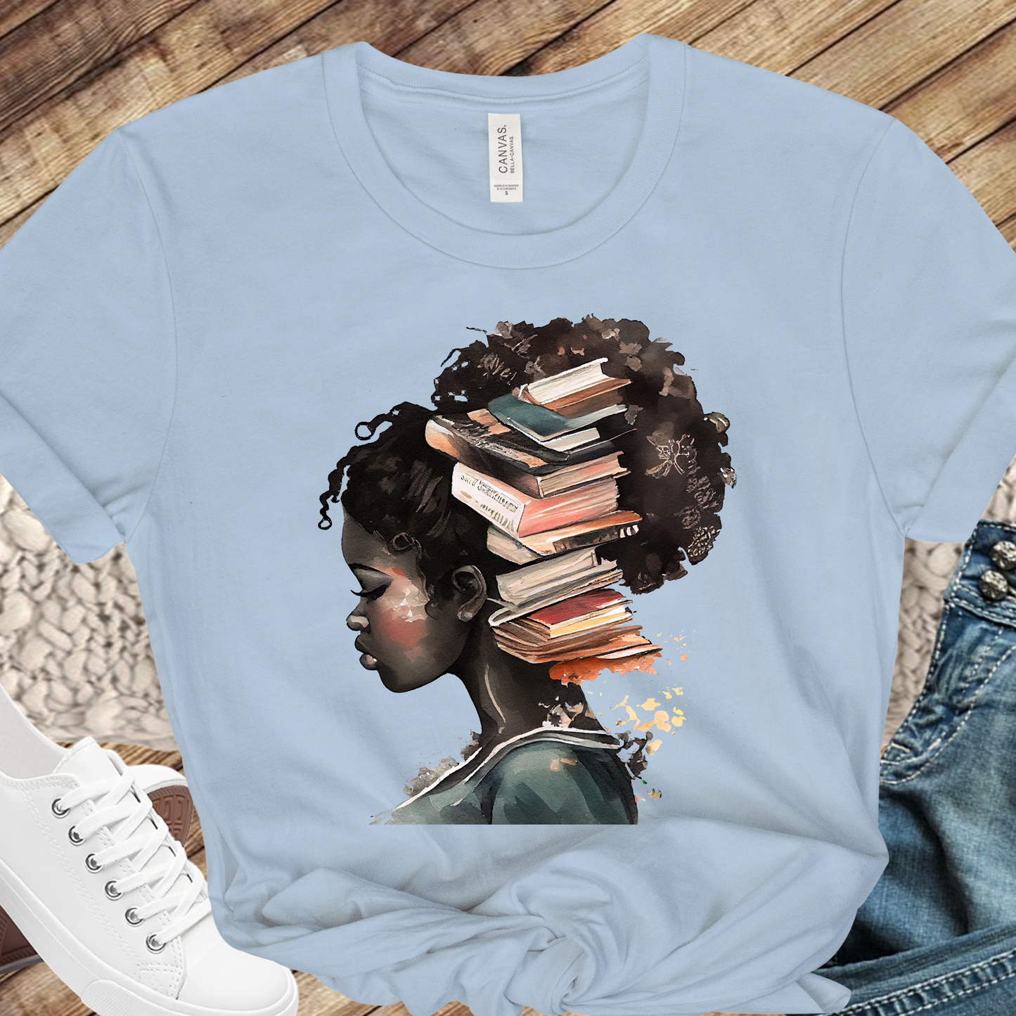 Watercolor Black Girl & Books #3 Direct to Film Transfer