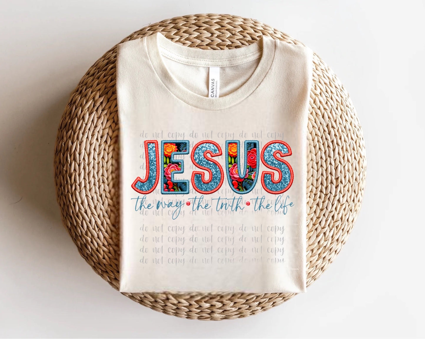 Jesus Floral and Faux Glitter Faux Embroidery Direct to Film Transfer